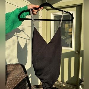 Deep V, Low Back, Rinstoned strapped, Black bodysuit